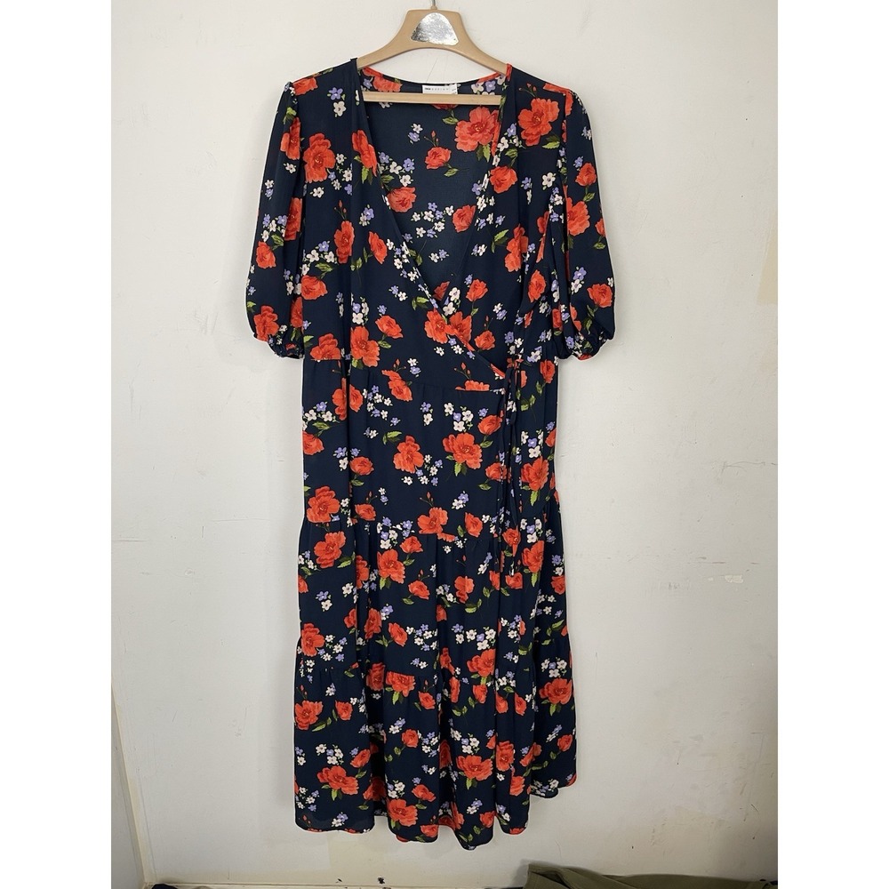 ASOS Women Dress 18 Dark Floral Cottage Peasant Puff Sleeve Maxi Wrap Curve Blue